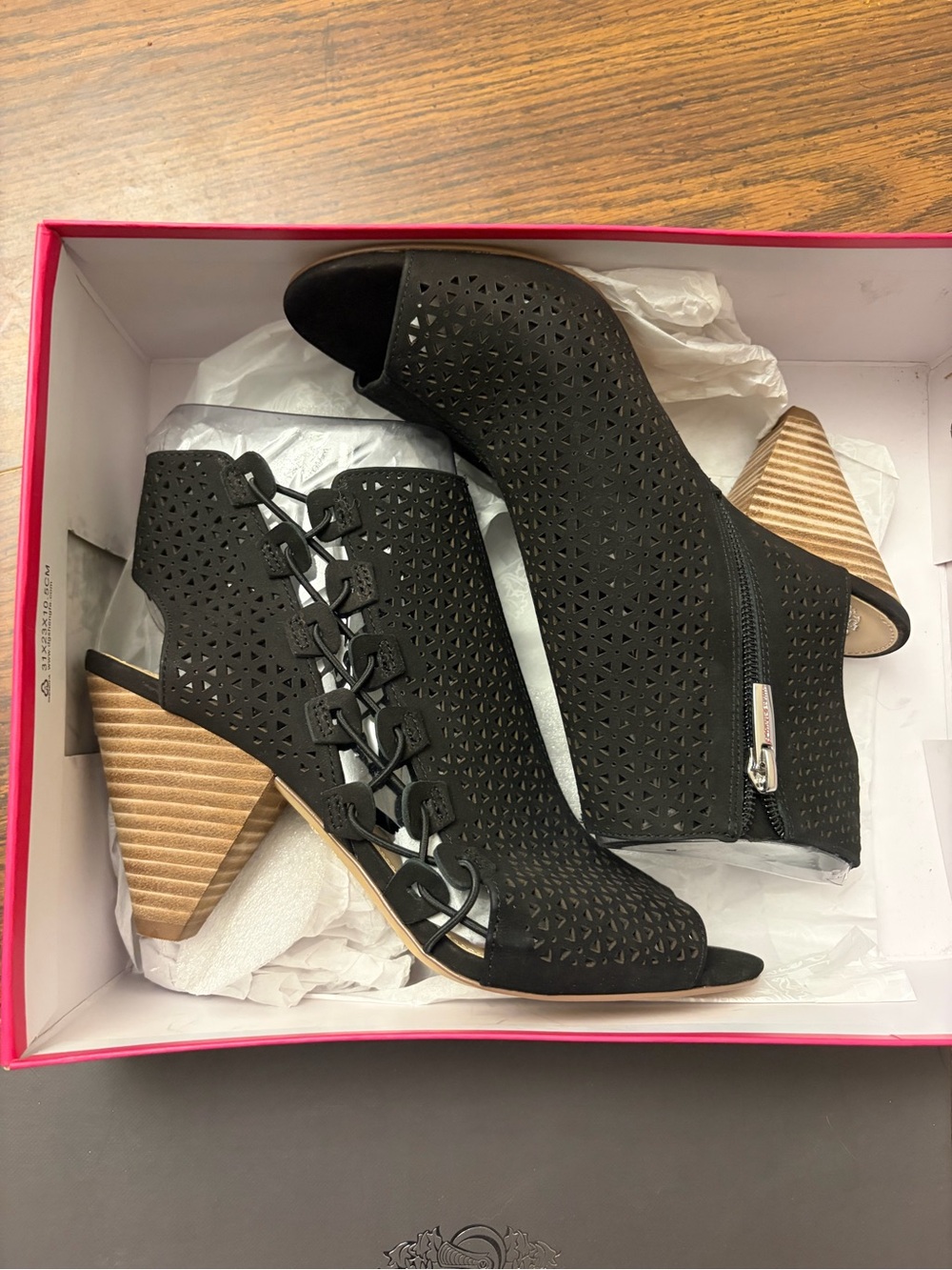 Vince Camuto Black Laser-Cut Peep-Toe Lace-Up Ankle Boots
